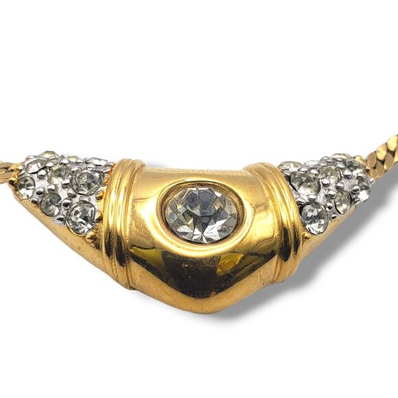 Crown Trifari Gold Tone Chain Rhinestone Center Collar Necklace Vintage Retro - Picture 3 of 11